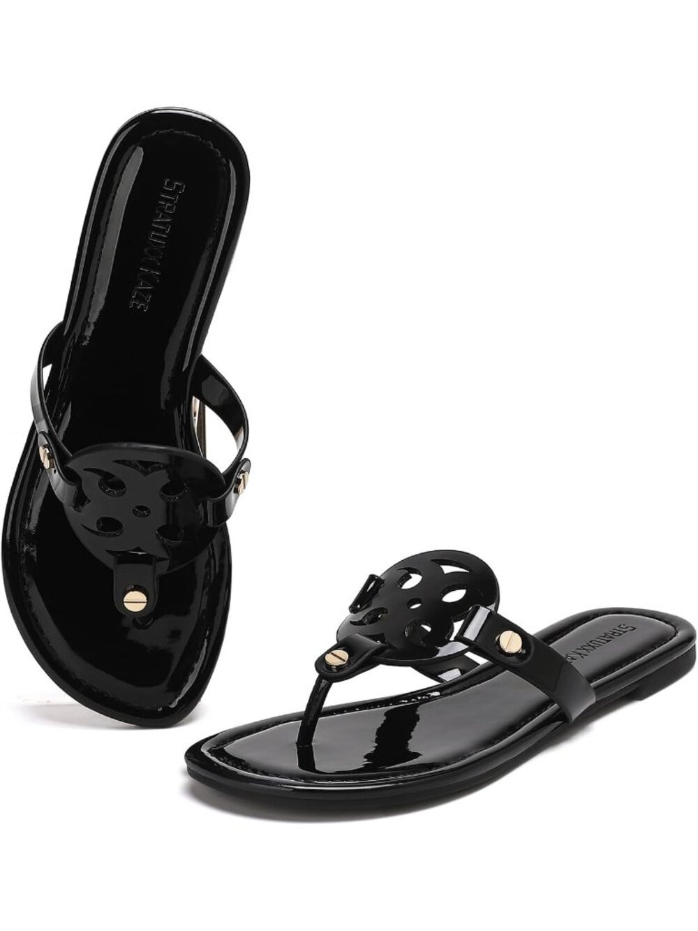 Women's Black Faux Leather Memory Foam Beach Slides Comfy Flipflop Flat Sandals